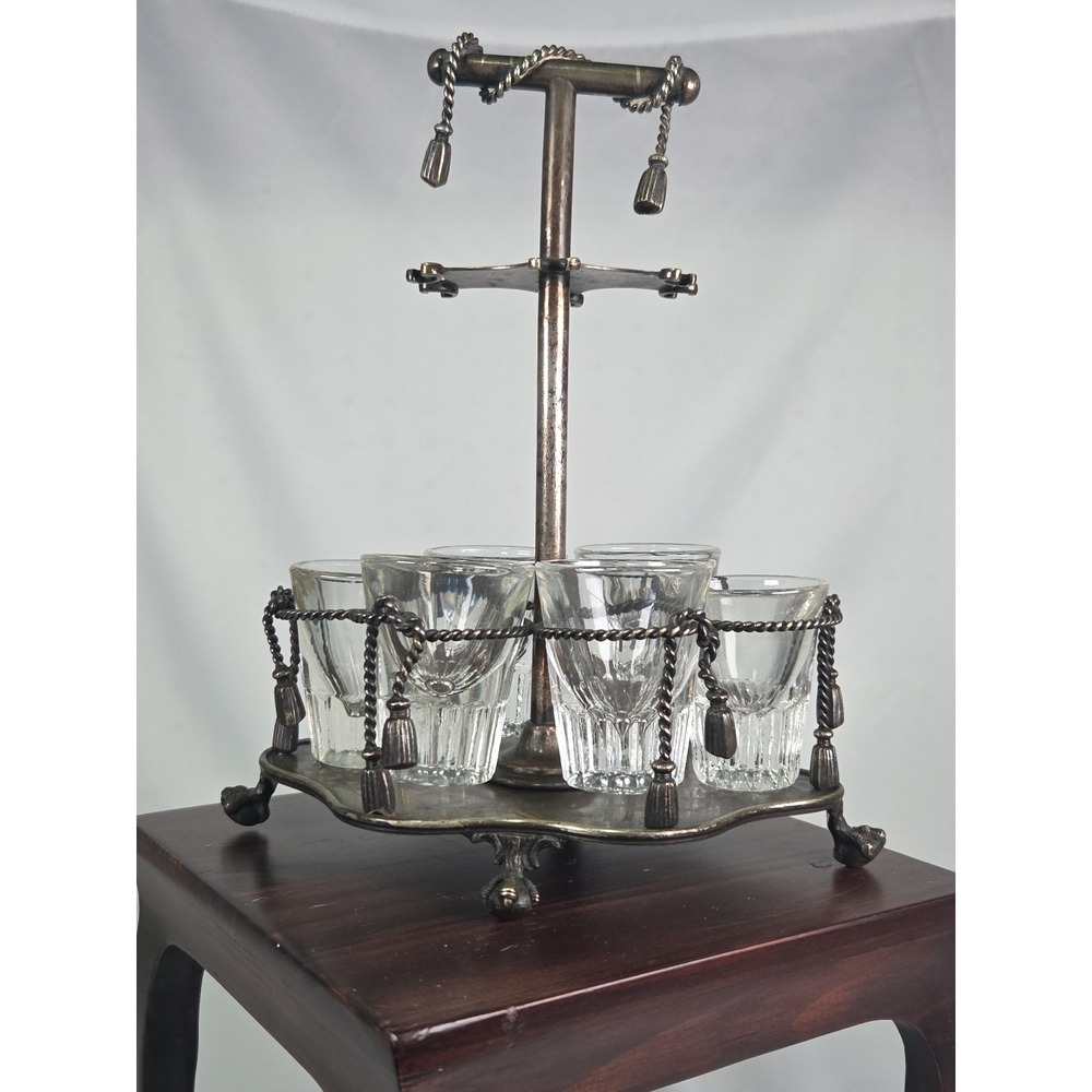Vintage Shot Glass Caddy With Six Shot Glasses